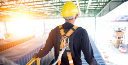 Construction worker using a safety harness and safety line during a Fall Protection Training session