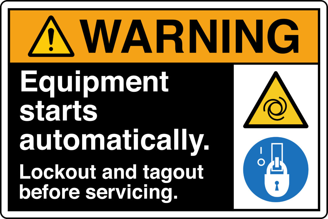 A lockout/tagout warning signs that reads "Warning! Equipment starts automatically. Lockout and tagout before servicing."